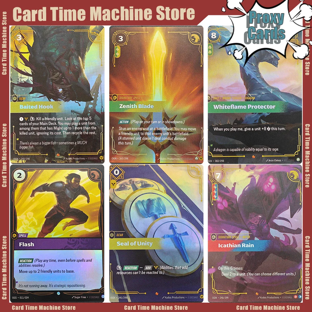 Conjunto Completo de Cartas Proxy Holo Foil Riftbound League of Legends TCG LOL, com Ahri, Lâmina Zenith, Sett e Selo da Unidade, Flash Game Toy, Presentes