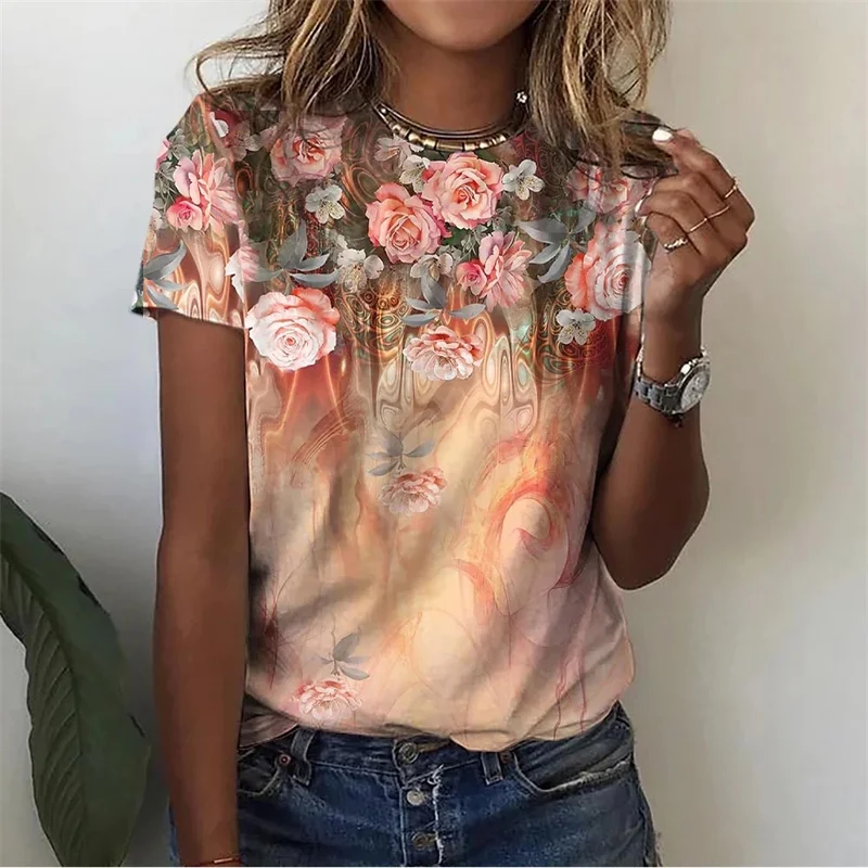 Women Crew Neck Short Sleeve T-shirt Gradient Background Pink Rose Floral Print Vintage Elegant Casual Daily Summer Tee