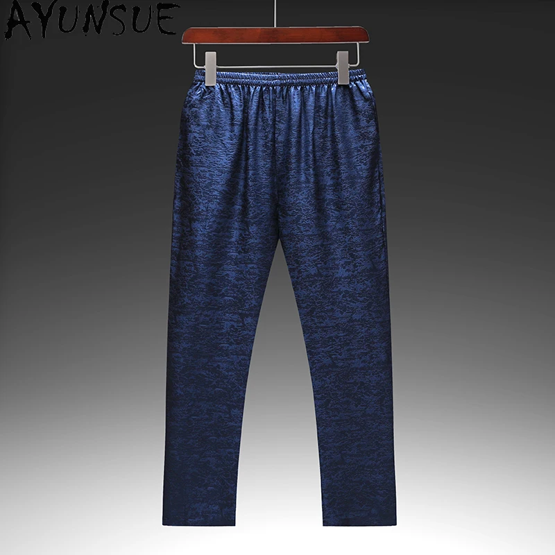 AYUNSUE 100% 桑シルクパンツ男性のファッション衣類唐装ズボンメンズシルクサテンパンツ弾性ウエスト薄いパンツ 바지
