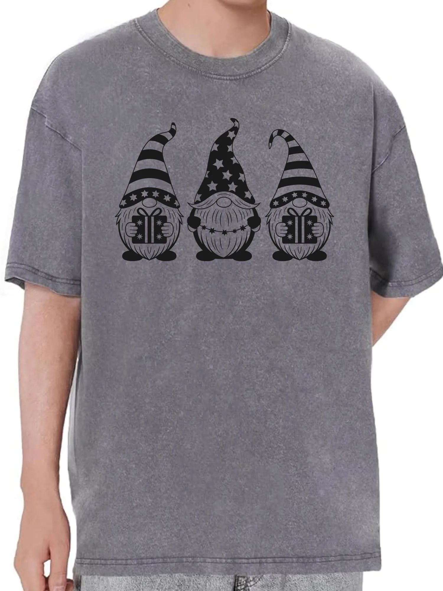 

Cute Santa Claus 230g Heavy Cotton Washed Oversized T-Shirt for Men Funny Graphic Tee Retro Casual Top