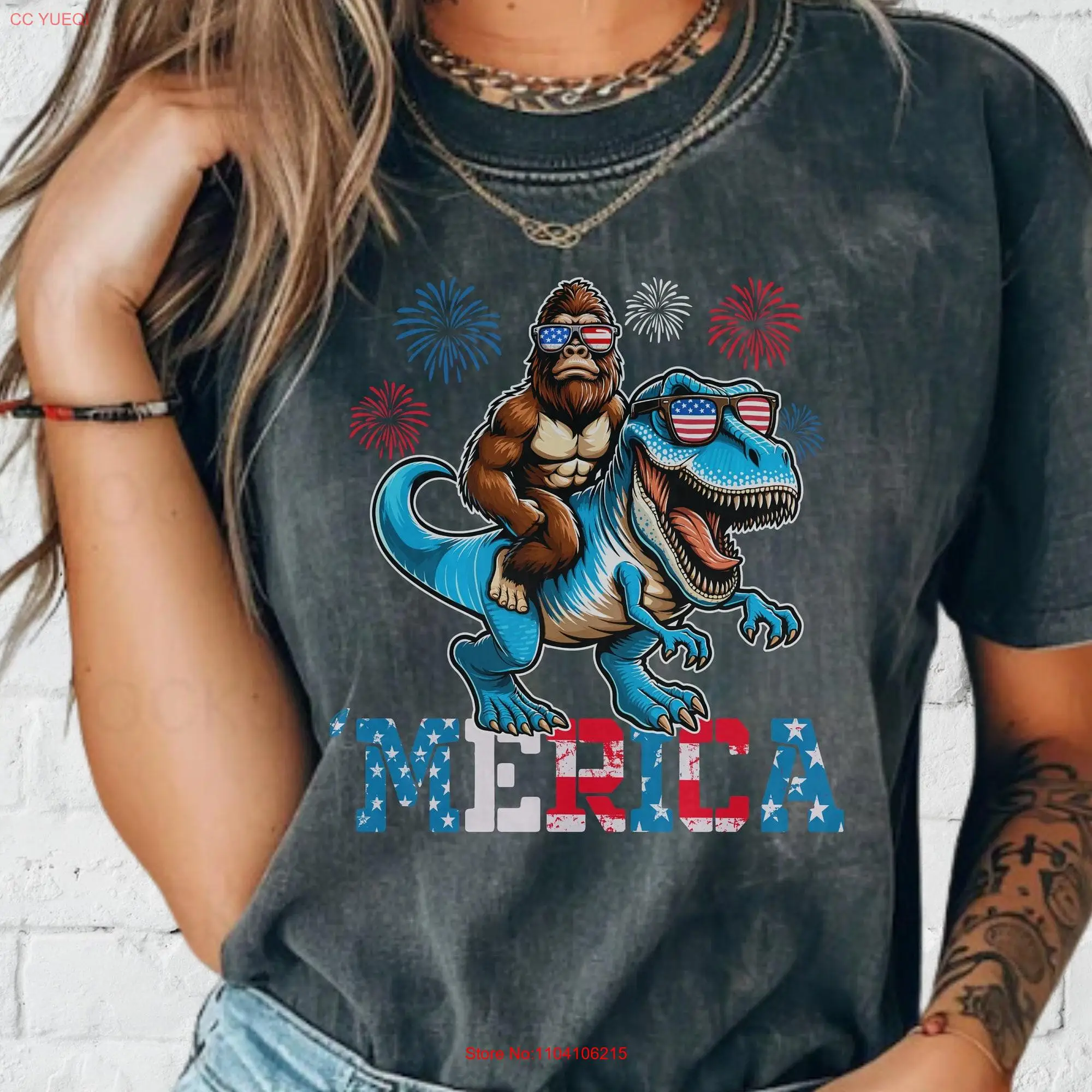 Sasquatch TREX Merica T Shirt 1776 American Flag 4th of July Fireworks Pro Trump 2024 Republican MAGA Comfort Colors