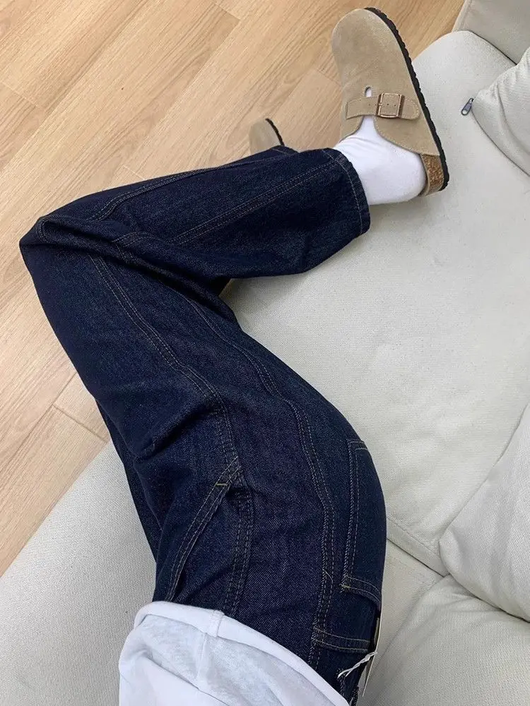 جينز نسائي أمريكي رجعي أزرق داكن بخصر عالٍ واسع 2025 خريف شتاء بنطلون واسع الأرجل أنيق #5