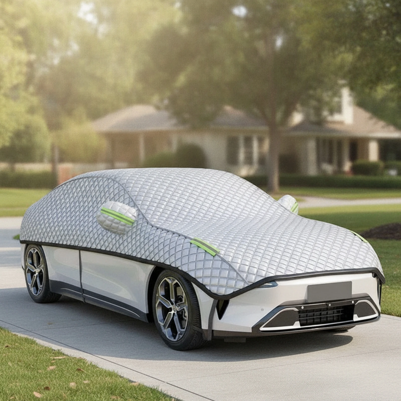 Half Car Cover with Straps Reflective Car Half Cover All-Conditions Wind-Resistant for Commuters, Outdoor Parking, Driveway