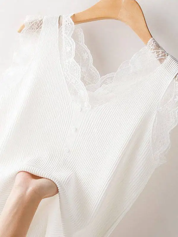 Fashionable Lace Insert Camisole Tank Top Women's Inner Wear Base Knitted Shirt Summer 2026 Elastic Close-Fitting V-Neck Soli...