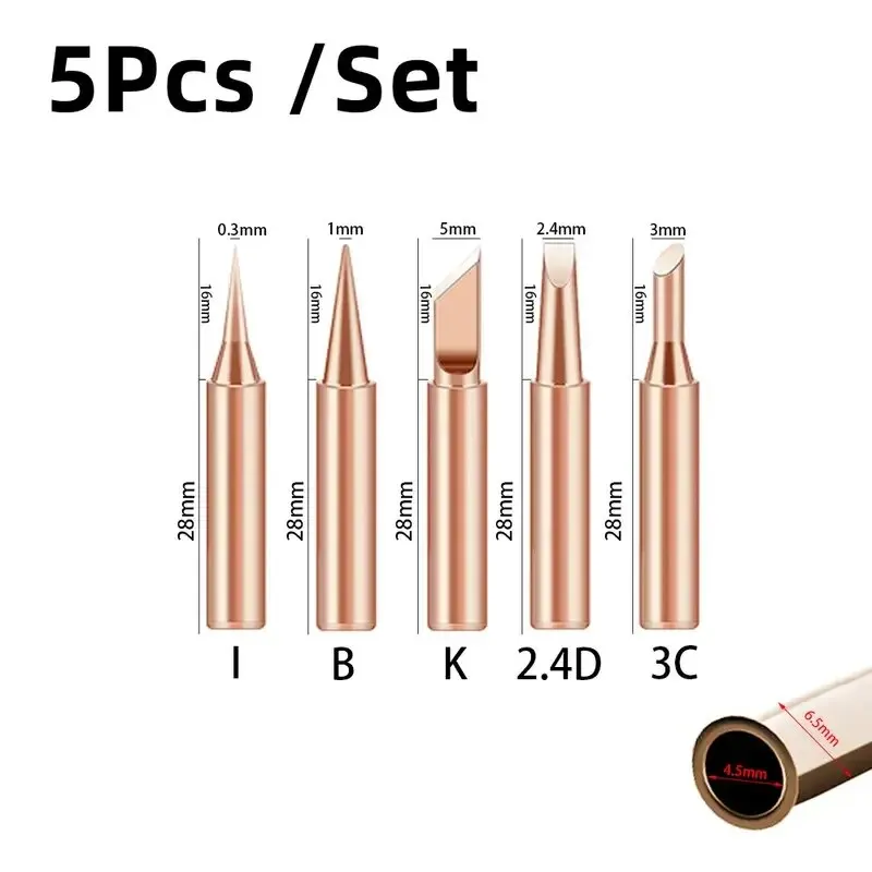 5 stuks 900M soldeerboutpunten set, koperen kern elektrische soldeerbits voor 936 soldeerstation
