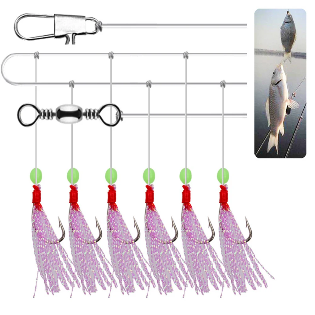 6pcs Artificial Sabiki String Hook Rig Luminous Bean Rubber Lure Bait Tackle 9 Sizes Fishing Hooks For Sea/Freshwater Fishing