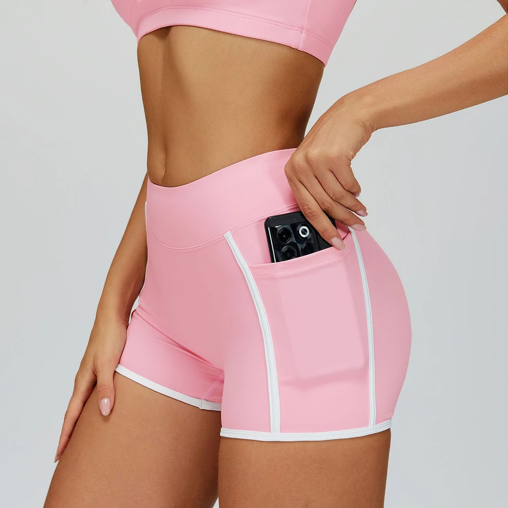 

Solid Color With Pockets Yoga Shorts Quick Drying Gym Workout Sports Shorts Women High Waisted Breathable Fitness Cycling Shorts
