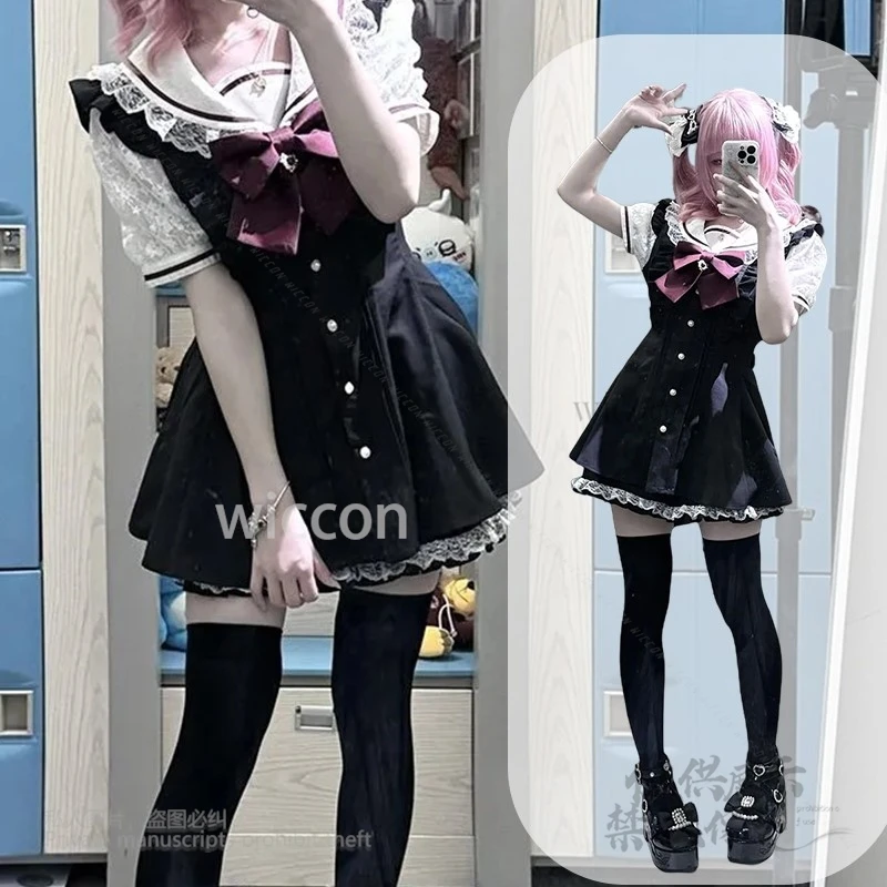 

Japanese Y2K Jirai Kei Gothic Style Lace Shirt Patchwork Short Skirt Dress Pants Set Kawaii Women Halloween Party S-XL New