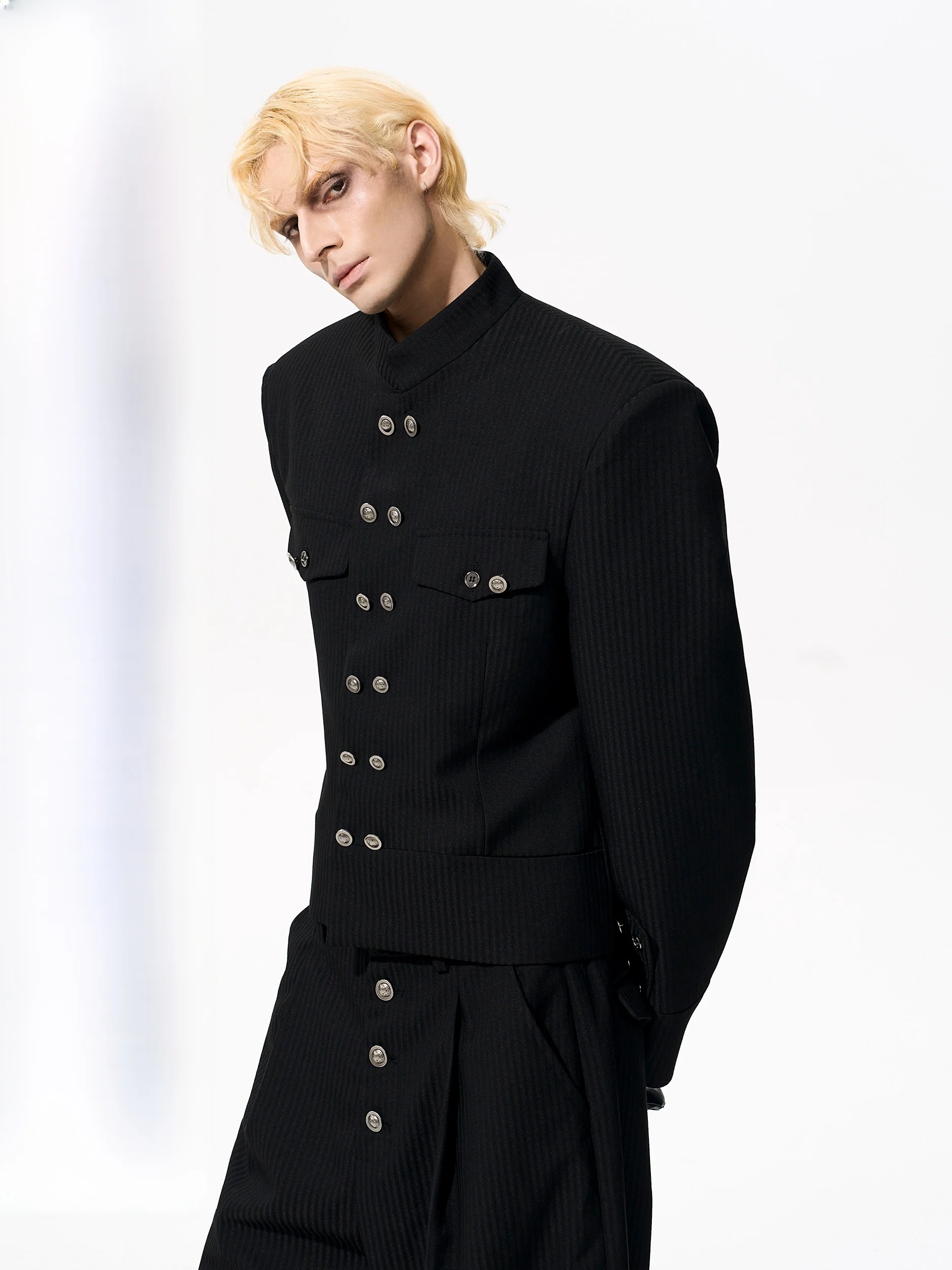 

Start Exceed End Men's Stripe Patterned Stand Collar Double Breasted Suit Jaet Autumn Collection Stand Fit Long Sve