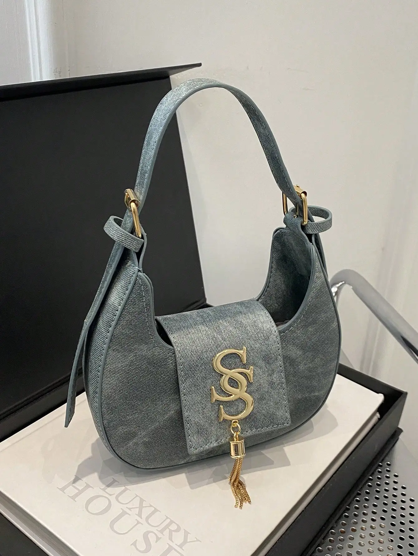 

Denim-Textured Crescent Moon Top-Handle Bag with Gold Logo Clasp for Women