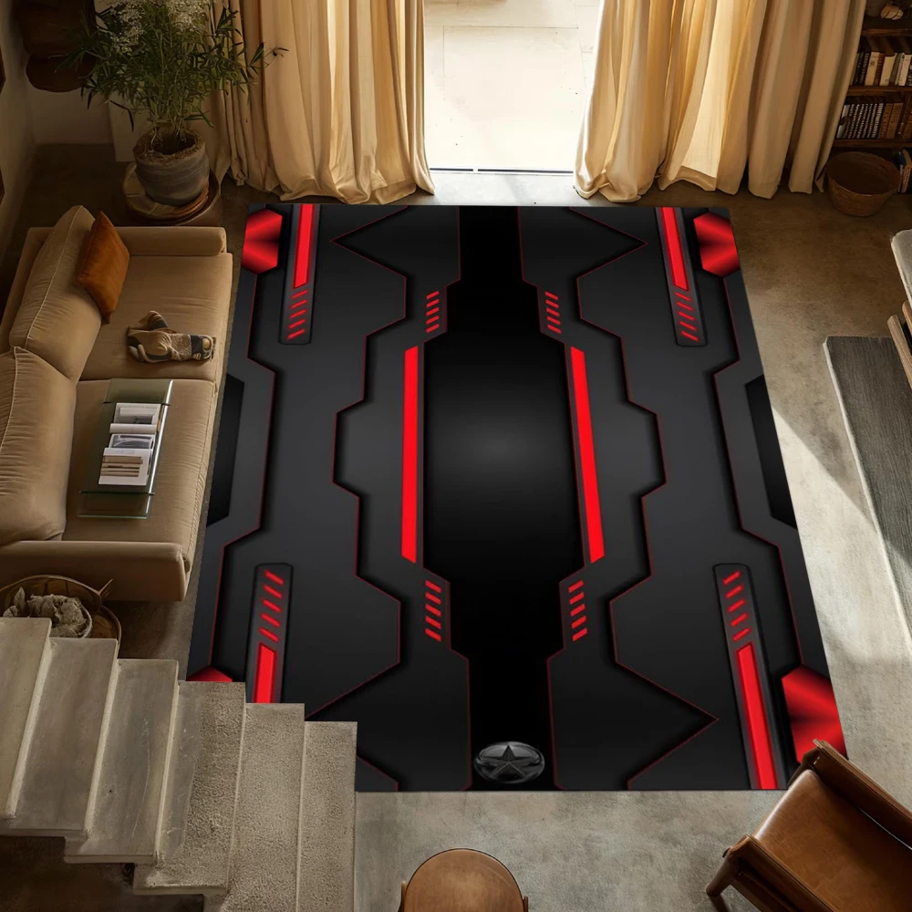 Cool Neon Hexagon Gamer Rug – Black & Red Non-Slip Washable Mat for Entryway, Hallway, Kitchen or Living Room