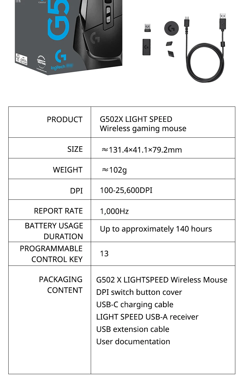 Logitech G502 X LIGHTSPEED Wireless Gaming Mouse, HERO 25K, 25600 DPI, 13 Programmable Buttons, Esports Version