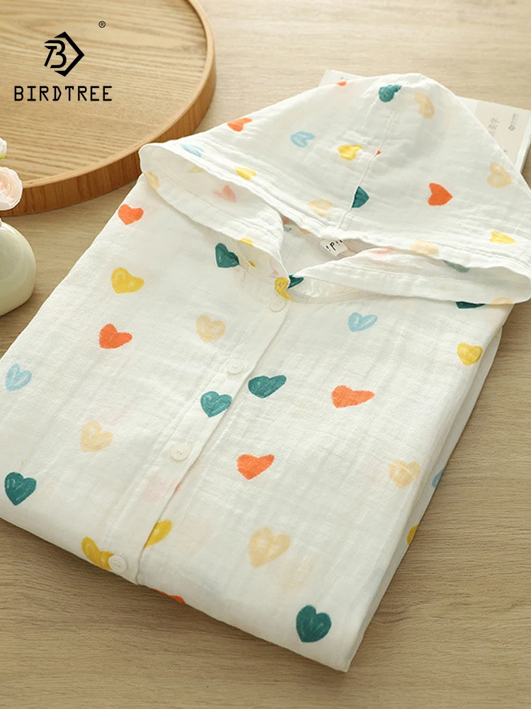 

New 2025 Autumn Cotton Hooded Shirt, Women Long Sleeve Love Print, Mori Girl Sweet Japan Style Sunscreen Loose Blouse T57816CC
