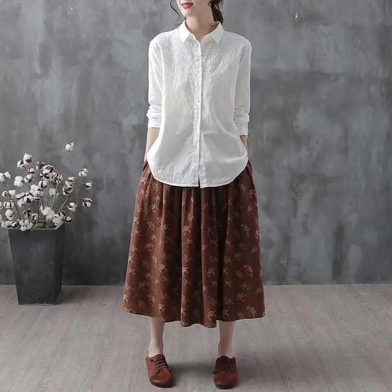 Pure Cotton Embroidered Shirt Women Loose Casual Retro Literary 2025 Spring and Autumn New Long-sleeved White Shirt Chic Top