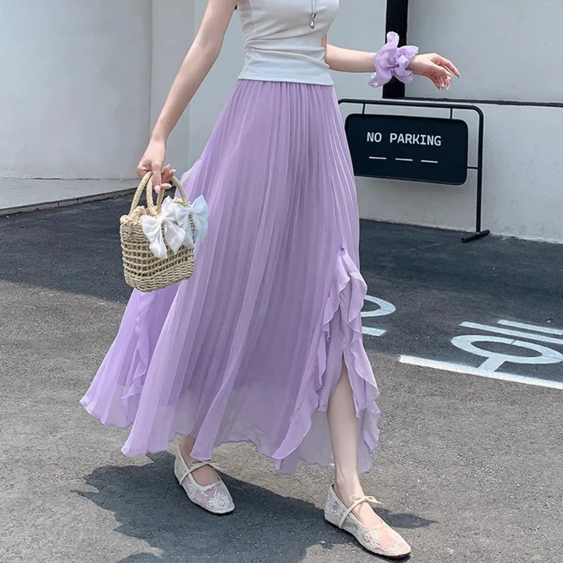 

Плиссированная юбка с краями листьев лотоса для женщин, летняя большая распашная юбка трапециевидной формы с разрезом и подвесом