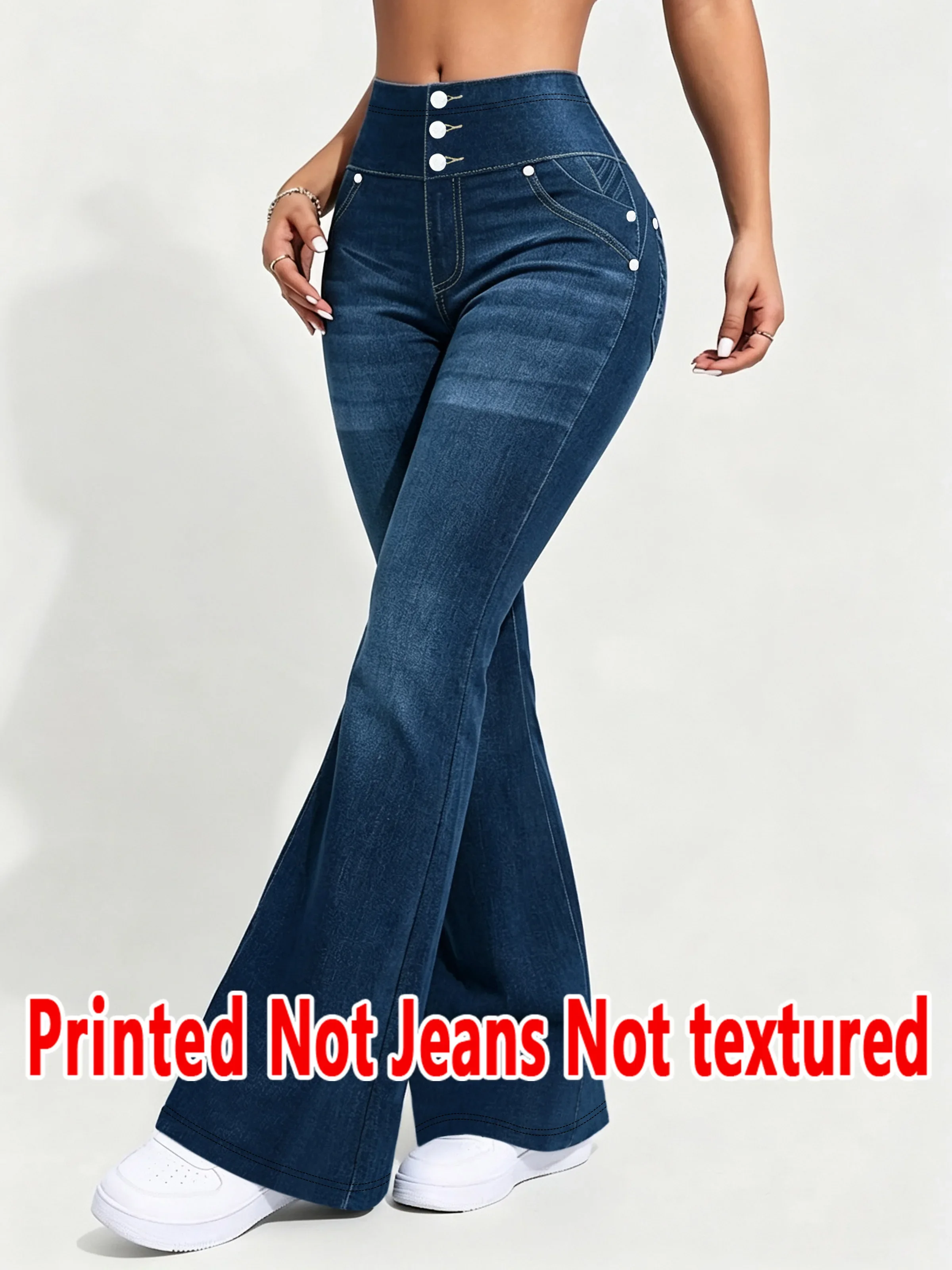 1591   Ladies Non-Leather Bell Bottom Pants Floral Print Denim Look Spring Autumn Winter Wearable Ladies Long Trousers