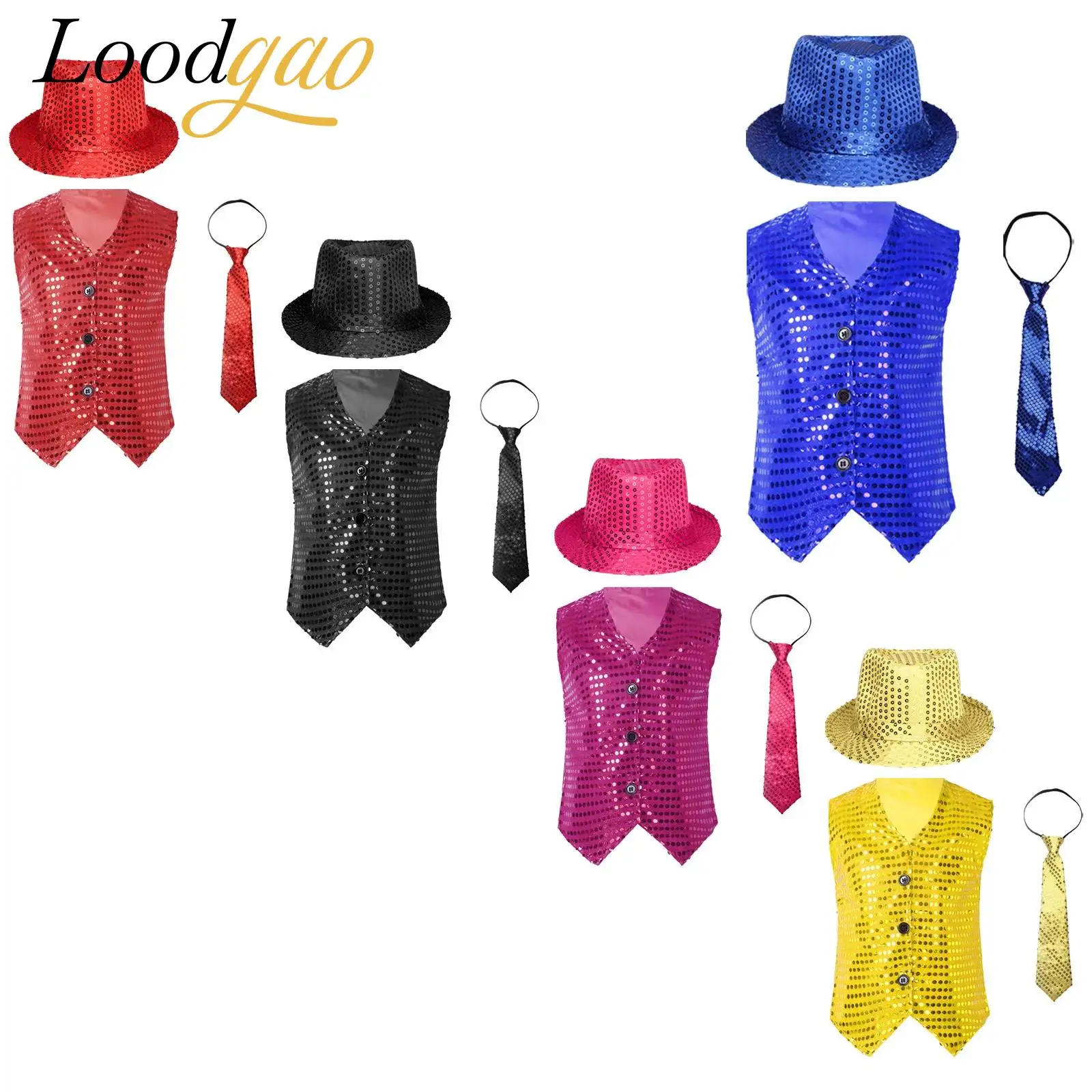 أطفال بنين بنات موضة صدرية مع قبعة ربطة العنق ماجيك أداء الملابس Dancewear مجموعات سترة الترتر ملابس رقص الجاز