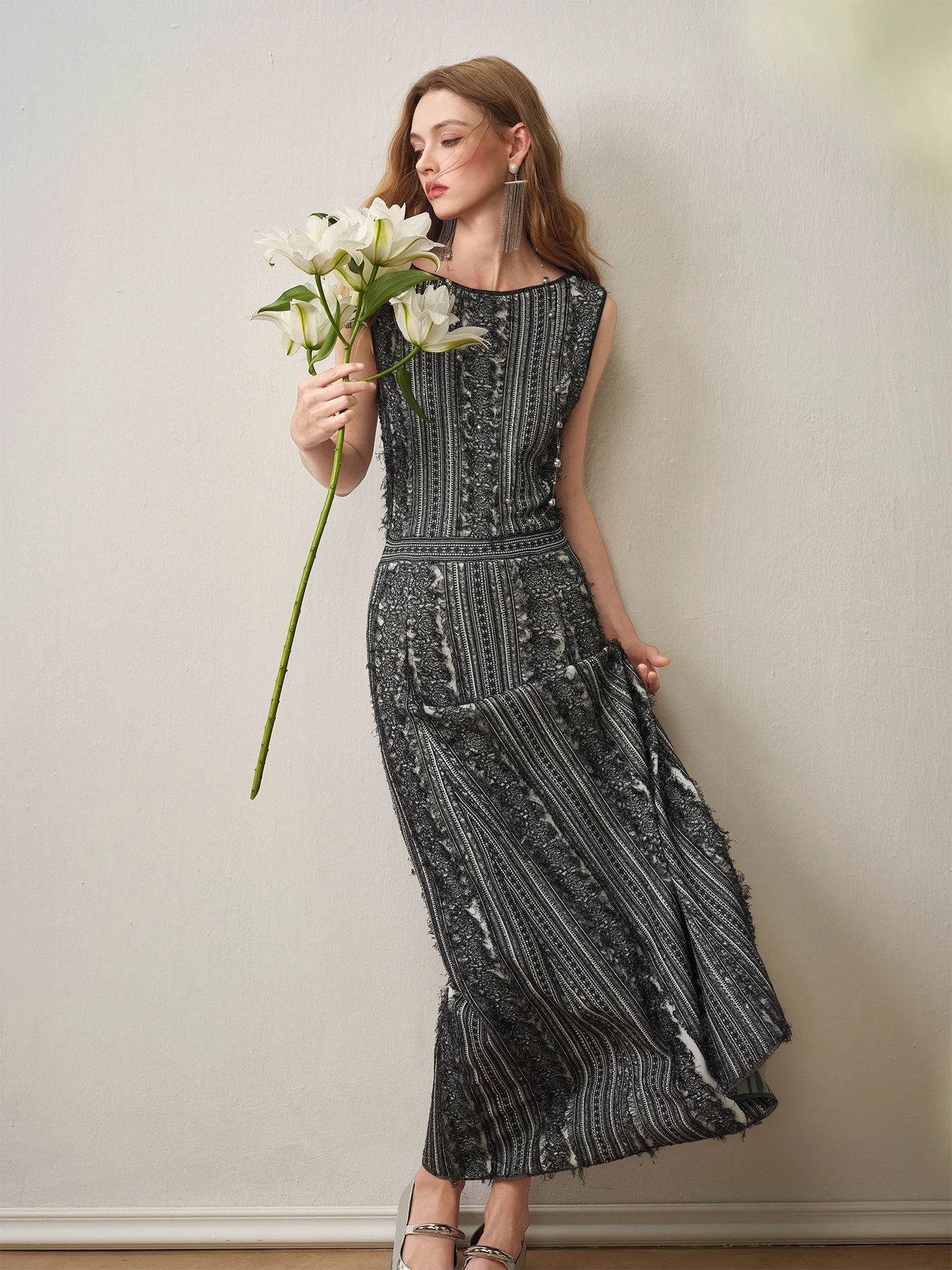 

Shansince Early Spring 2026 Elegant Light Luxury Dress Set Beautiful Small Fragrance Style High Waist Striped Polyester Fiber