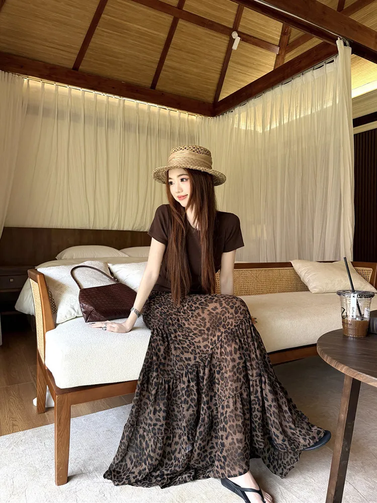 Retro Leopard Print Half Skirt Women's Summer Wrap High Waist A-Line Long Skirt Folded Design Korean Style Commute Fashion