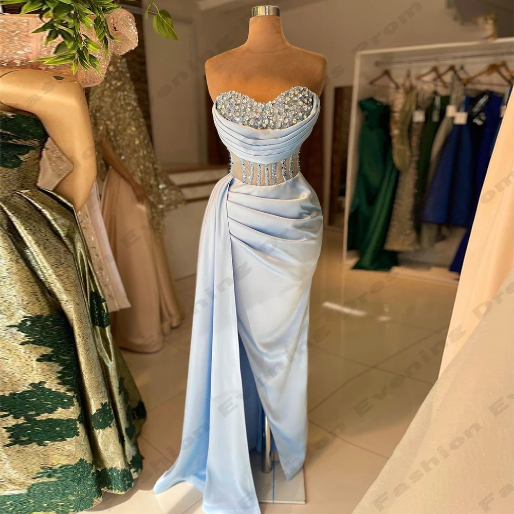 Gorgeous Satin Evening Dresses For Women Fascinating Beading Sexy Mermaid Off The Shoulder Sleeveless High Slit Party Prom Gowns