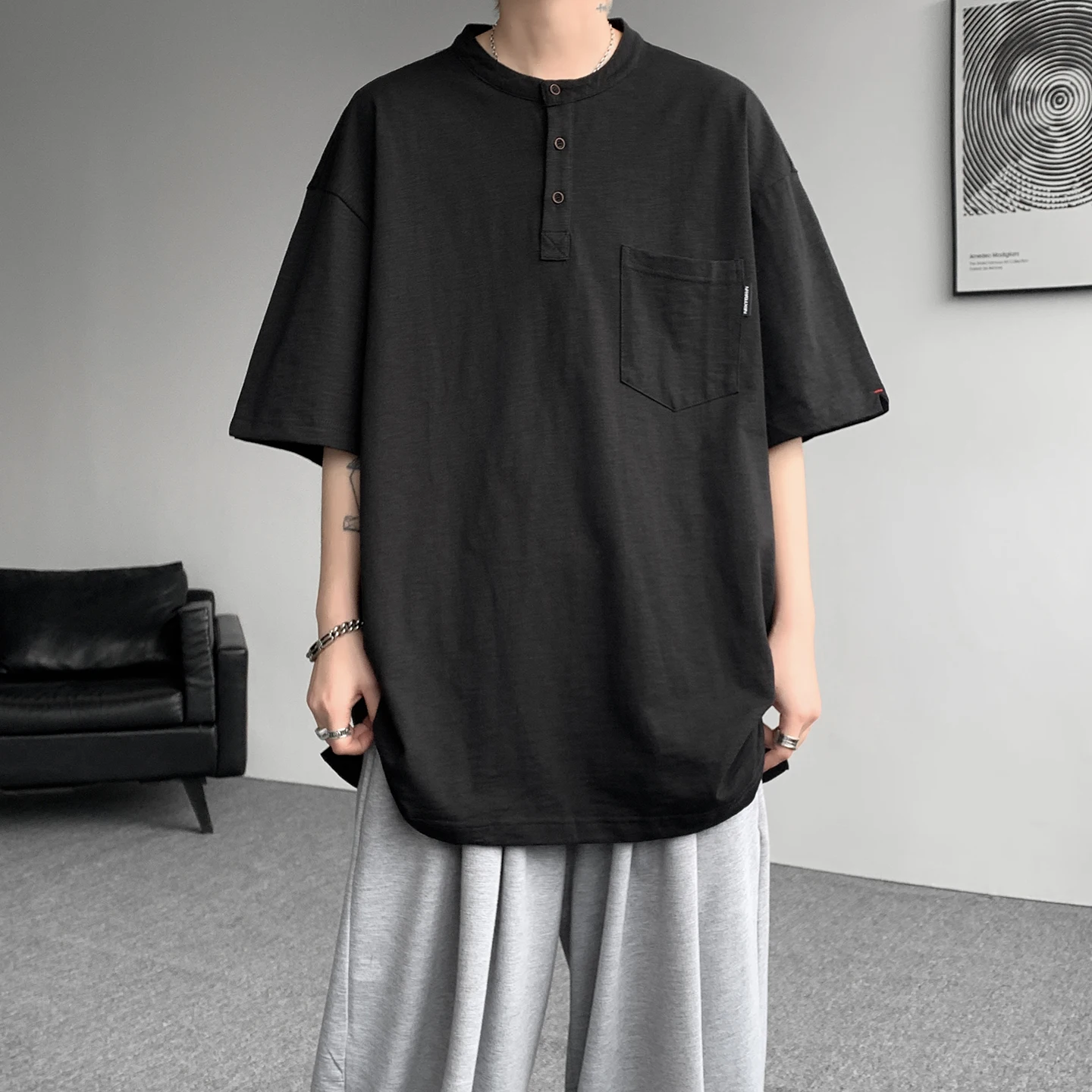 2026 Summer Men's Henry Collar Linen Short-Sleeved T-Shirt - Stretch Large Size Loose Half-Sleeve Hem Design T-Shirt — купить у AliExpress WW