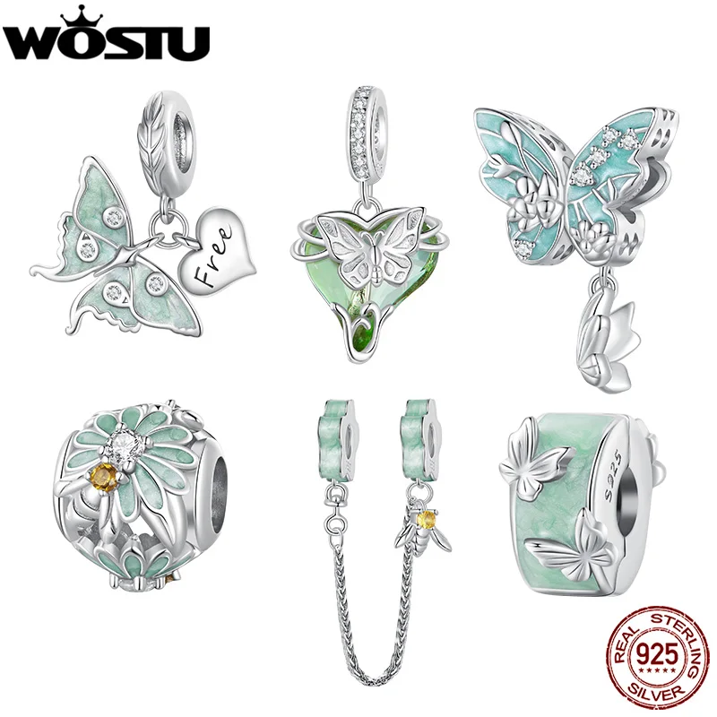 WOSTU Real 925 Sterling Silver Green Butterfly Pendant Bee and Daisy Charms For Original Bracelet DIY Necklace Holiday Jewelry