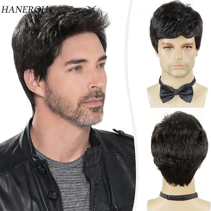 

Synthetic Short Wigs for Men Ombre Black Layered Wig with Bangs Male Cosplay Daily Fashion Blonde Wigs Halloween Wig