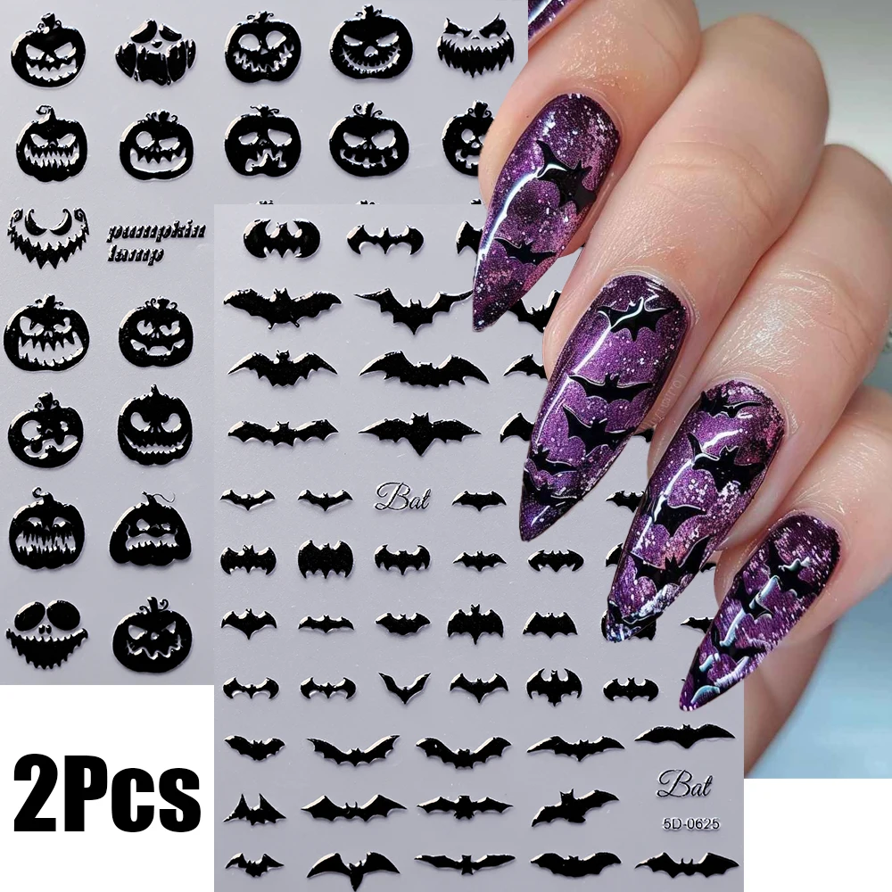 Image of 2 Stück Halloween Schwarze Kürbis- und Fledermaus-Nagelaufkleber 5D Geprägte Gotische Gruselige Spinnen- und Totenkopf-Nagelsticker für Halloween-Nageldekoration