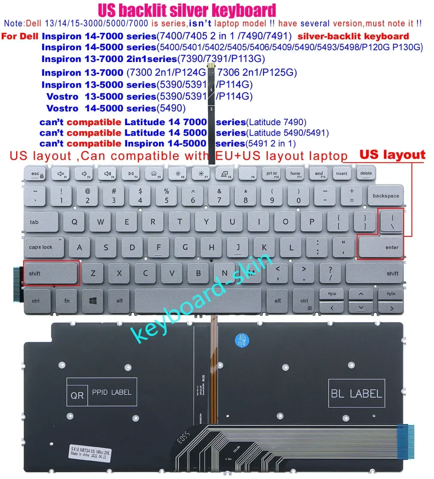 

Silver US backlit Keyboard for Dell Inspiron 5401 5402 5405 5406 5409 5490 5493 5498 P120G P130G 7490 7491 7400 7405 2n1 7390