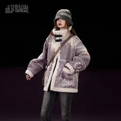 ELFSACK Imitate Chammy Cotton Coats Women 2023 Winter Printing Lapel Casual Warm Jackets