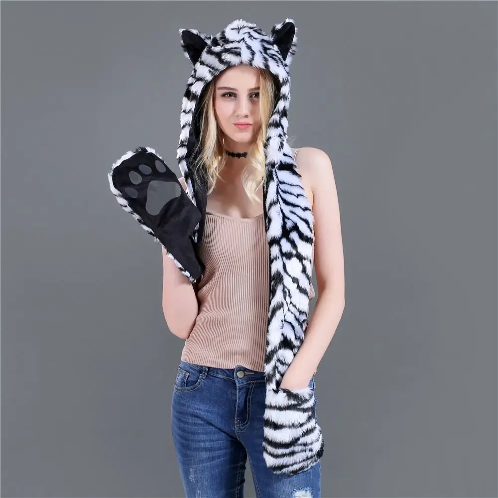 Windproof 3 in1 Scarf Gloves Hat Set Warm Earflap Animal Hat Fluffy Plush Cosplay Costume Plush Hooded Winter/Autumn