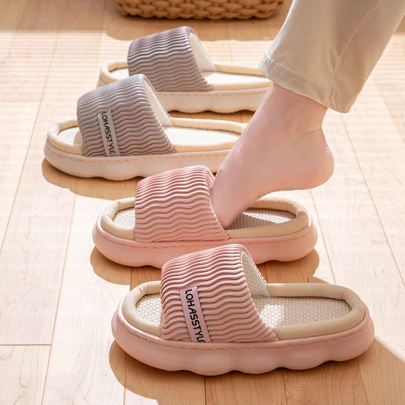 Casual Platform Slippers Women Home Wave Designer Shoes Girls Linen Fashion Popular Elegant House Slippers Open Toe Thick Bottom