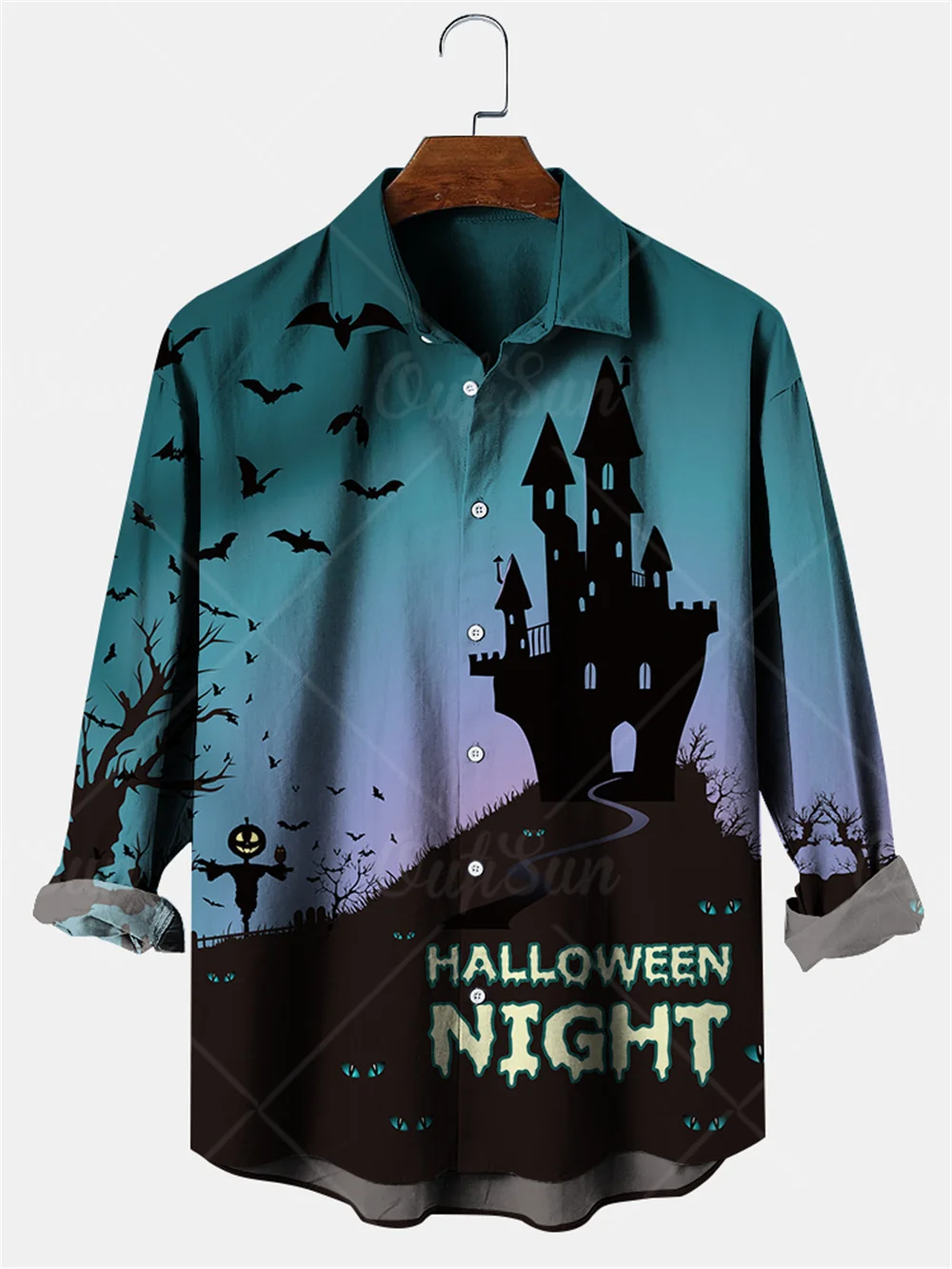 Halloween Printed Men's Shirts Castle Printed Men's Long Sleeved Horror Spooky Style Holiday Shirt Men's Autumn Long Sleeved Top