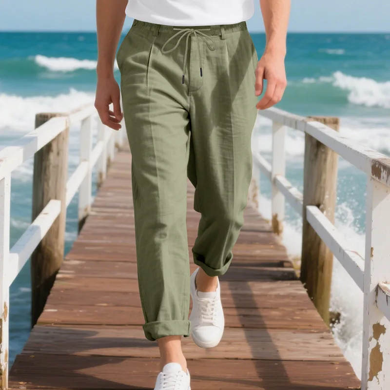 Summer Men Linen Casual Pants Loose Straight Fit Breathable Lightweight Trousers Male Daily Outdoor Streetwear Long Pants