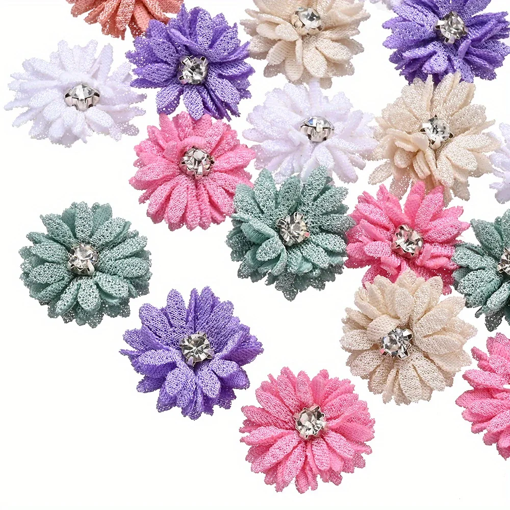 iYOE 10/20pcs Elegant Fabric Flower 24mm with Rhinestone Center Fabric Accessories for Hair Clip Clothing Bag Sewing Decoration