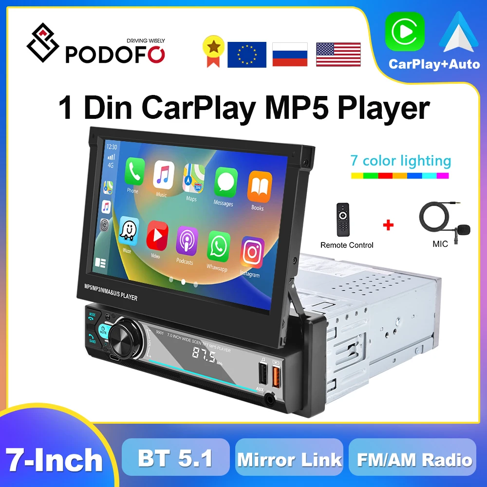 

Podofo 1din Wireless CarPlay Android Auto Car Radio 1 DIN 7inch Universally Stereo Receiver Bluetooth FM EQ Head Unit Autoradio