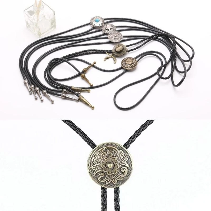 Braided Shoestring Bolo Tie with Metal Engraved Charm Cowboy Necktie Necklace Country Bolo Tie Cowboy