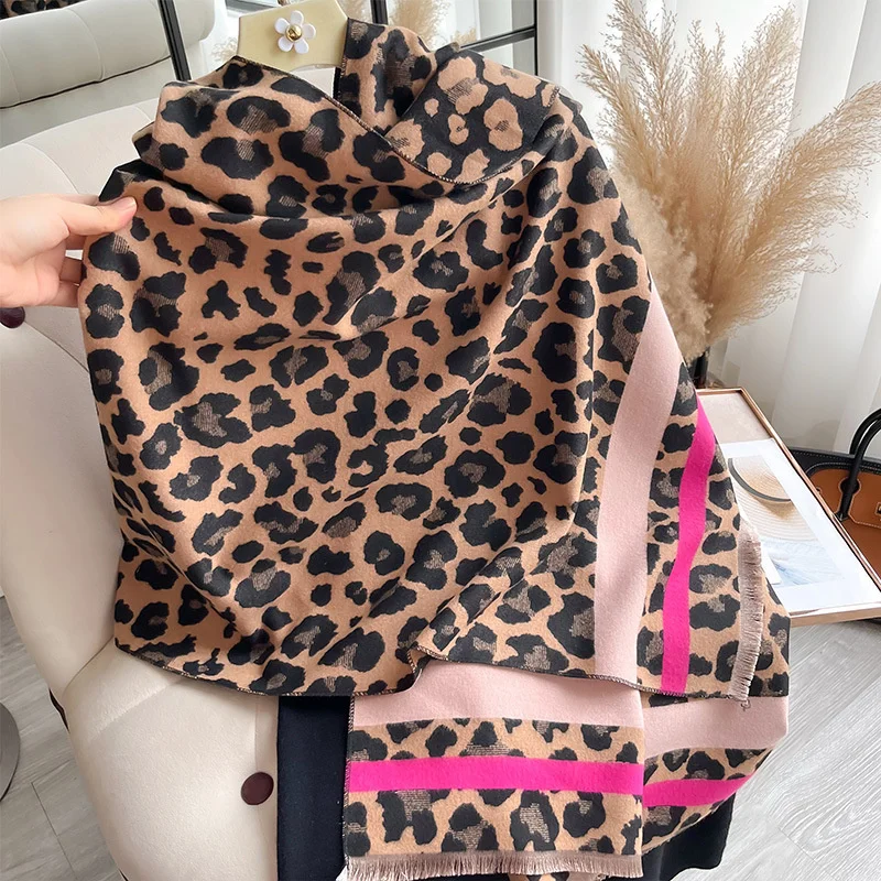 

Leopard Print Fashion Winter Ourdoor Women Scarf Cashmere Thicken Warm Shawl Pashmina Scarves Female HIjab Wrap Ladies