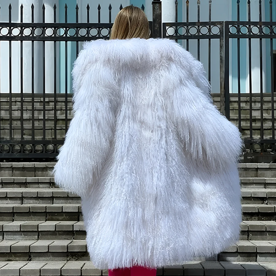 Winter Coats Woman 2024 Warm Long Mongolian Fur Coat White  Lamb Fur Coat High Quality Luxury Real Fur Jacket