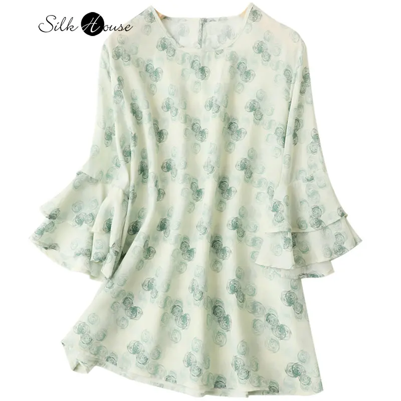 

2023 Women's Fashion Casual Spring/Summer New Double Layer Ruffle Sleeve Silk Top Round Neck Loose Versatile Print T-shirt