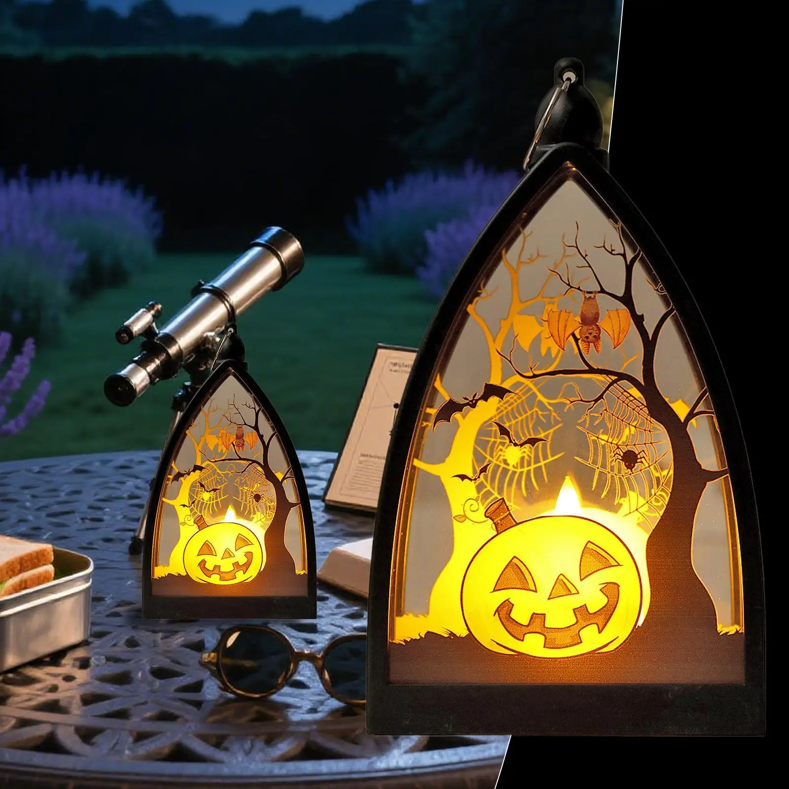 Halloween Lantern Lights Tabletop Skeleton Pumpkin Castle Lantern Lamp Ornament Decorations Centerpieces for Yard Garden Camping