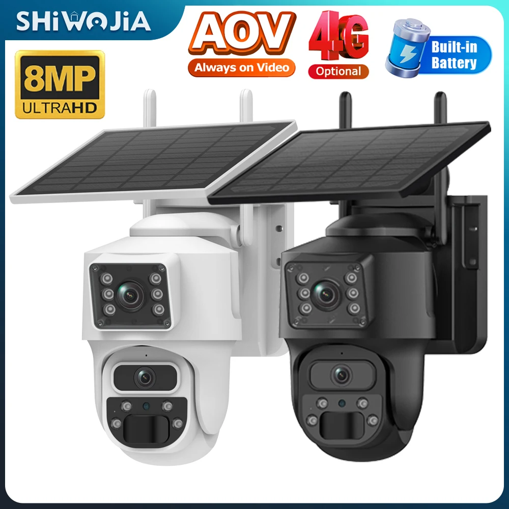 

SHIWOJIA 4K 8MP Dual Lens Solar Camera 4G SIM AOV Smart 24/7 Recording 360° PTZ Outdoor Security Cameras Auto Tracking UBox pro