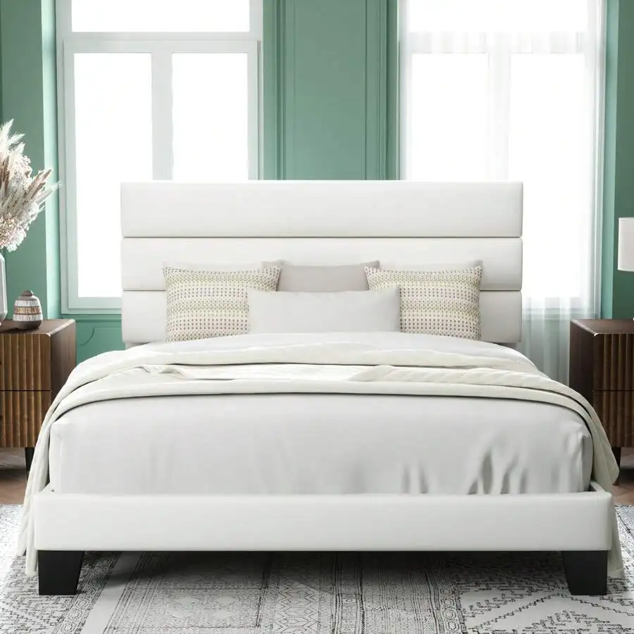 Twin/Full/Queen/King Size Platform Bed Frame With Fabric Upholstered Headboard And Wooden Slats Support, Fully Upholstered Mattress Foundation, No Box Spring Needed, Easy Assembly, Cream