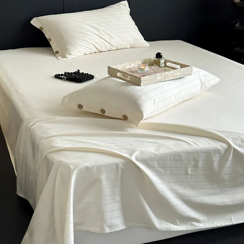 High-End Pure Cotton Satin Striped Bed Sheet Set Skin Friendly Flat Sheet 2 Pillowcase for Home Bed Cover Kit for Single King