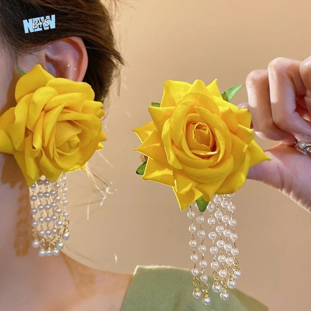

1 pair Temperament Yellow Rose Earrings Bohemian Style with Beads Tassel Vacation Flower Eardrops Jewelry Exquisite