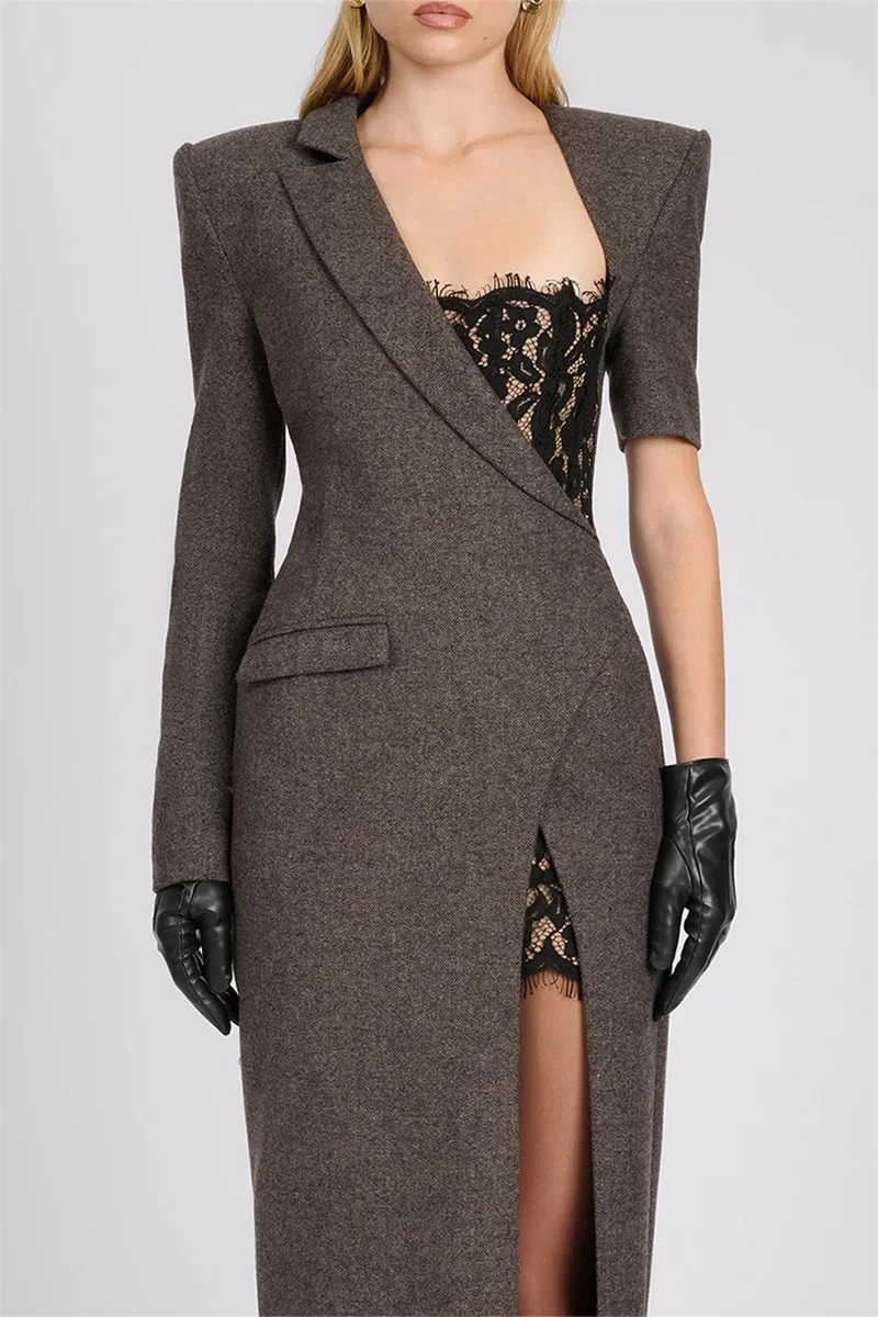 Dark Grey Black Lace Women Suit Skirt Sexy Side Split Long Sheath Blazer Formal Office Lady Wedding Birthday Coat Jacket
