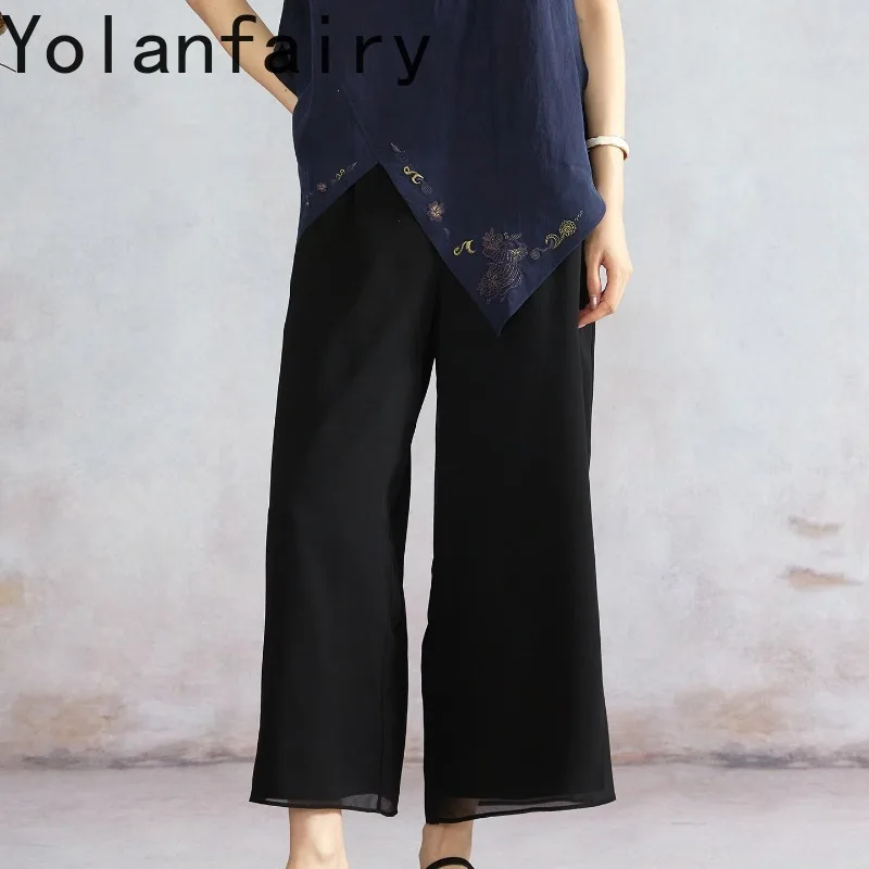 YOLANFAIRY 100% Mulberry Silk Double‑layer Wide Leg Cropped Pants Women Lace Waistband Half Elastic Waist Loose Casual Trousers