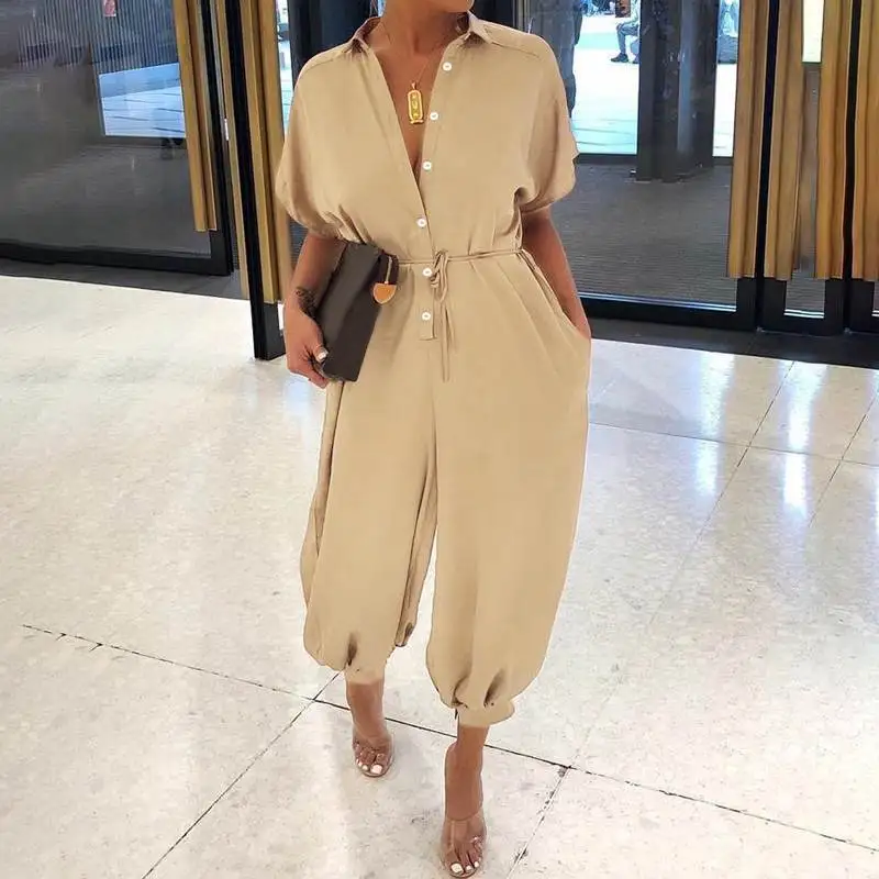 2024 Summer Fashion V-Neck Button Lace-Up Jumpsuit Short Sleeve Loose  Women Elegant Leopard Print Pocket Rompers