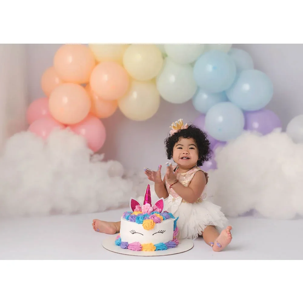 Fondo con temática de globos coloridos para bebé, retrato de niño, pastel Smash, fondo de 1er cumpleaños, decoración de nubes blancas para estudio fotográfico