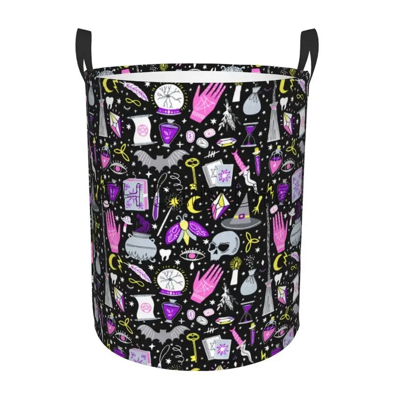 Magic Witch Goth Round Laundry Basket Large Capacity Cloth Hamper Storage Basket Oxford Toys Storage Organizer for Home Dorm